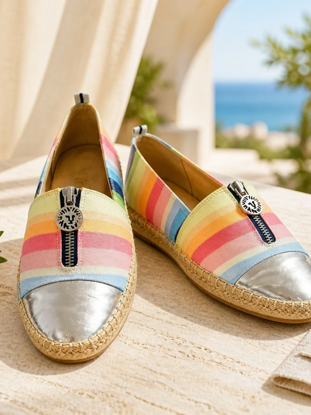Anne Klein Jax Espadrilles Rainbow Stripe Canvas Flats Silver Toe Slip On Shoes